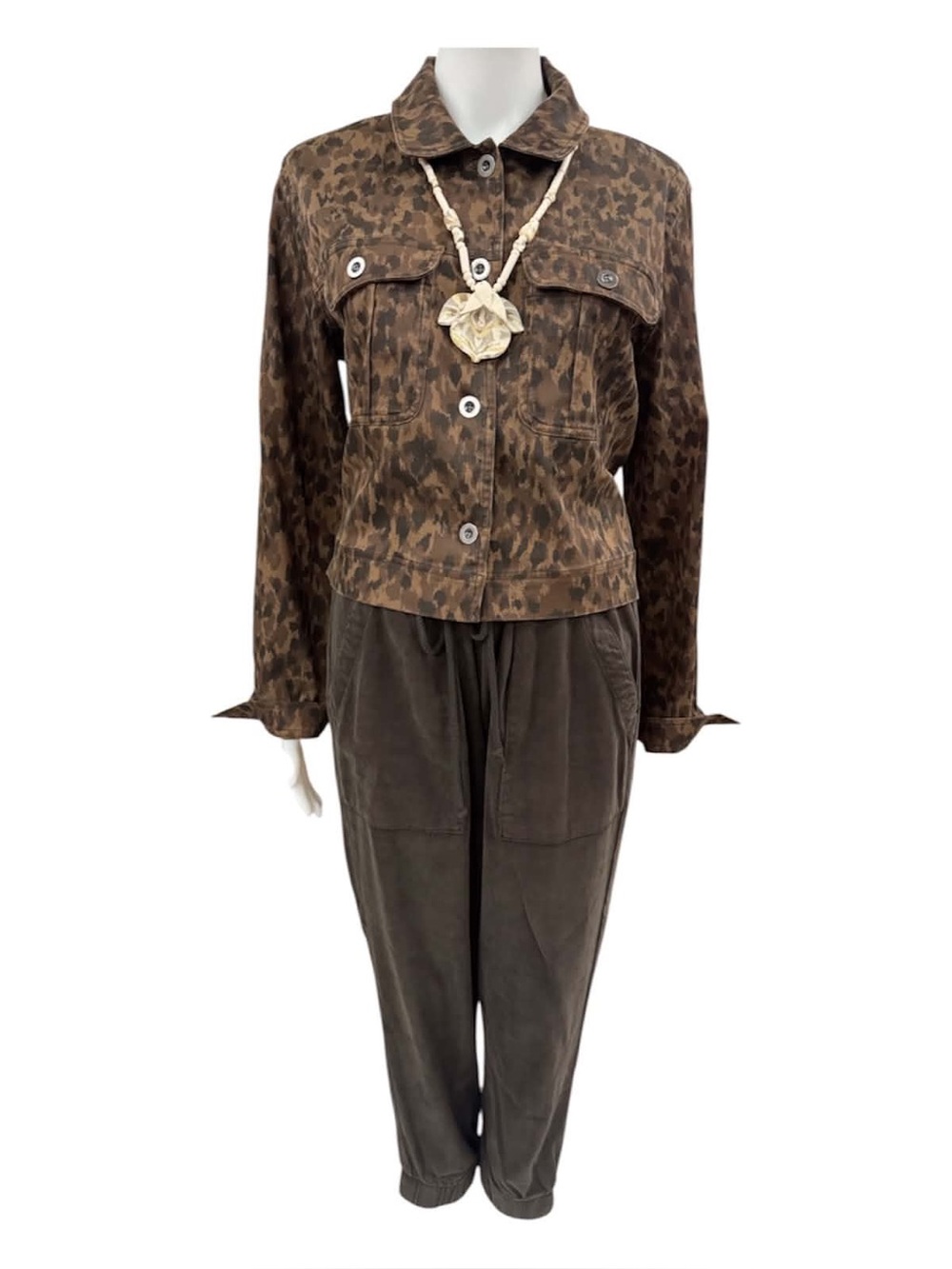 Bella Dahl Brown Leopard Print Jacket with Olive Track Joggers Size M